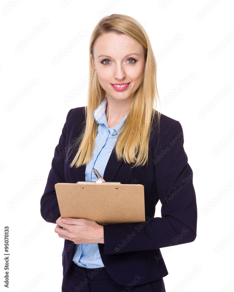 Caucasian Young Businesswoman hold with clipboard Caucasian Young Businesswoman hold with clipboard