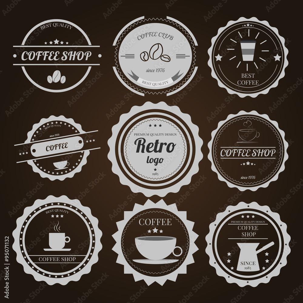 Set of vintage logos on brown background for coffee shops cafes