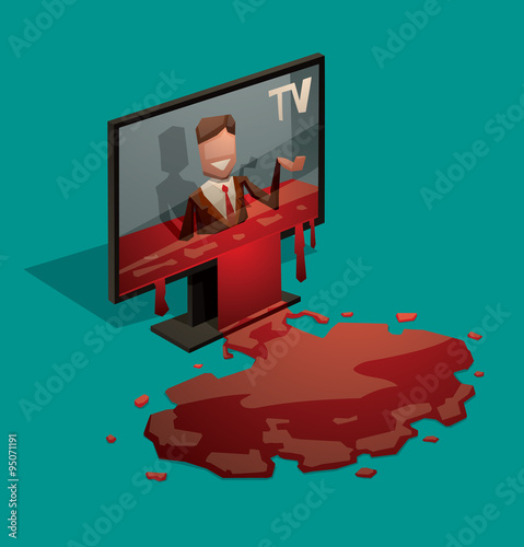 Vector cartoon image of black TV with the announcer in a brown jacket, white shirt and red tie on the screen and with a bunch of red blood spilling from the TV on a turquoise background. 