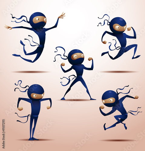Vector Ninja warrior set. Cartoon image of the five ninja warrior in traditional dark blue suits in different pose on a light pink background.