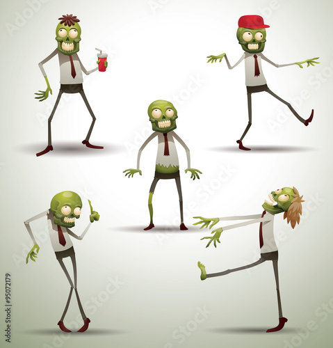 Vector Set of New Office Zombies. Cartoon image of five funny green office zombies in gray trousers, white shirt and red tie on a light background.
