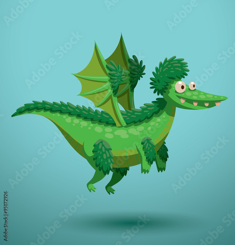 Vector Funny flying dragon  green. Cartoon image of a funny green flying dragon on a turquoise background.