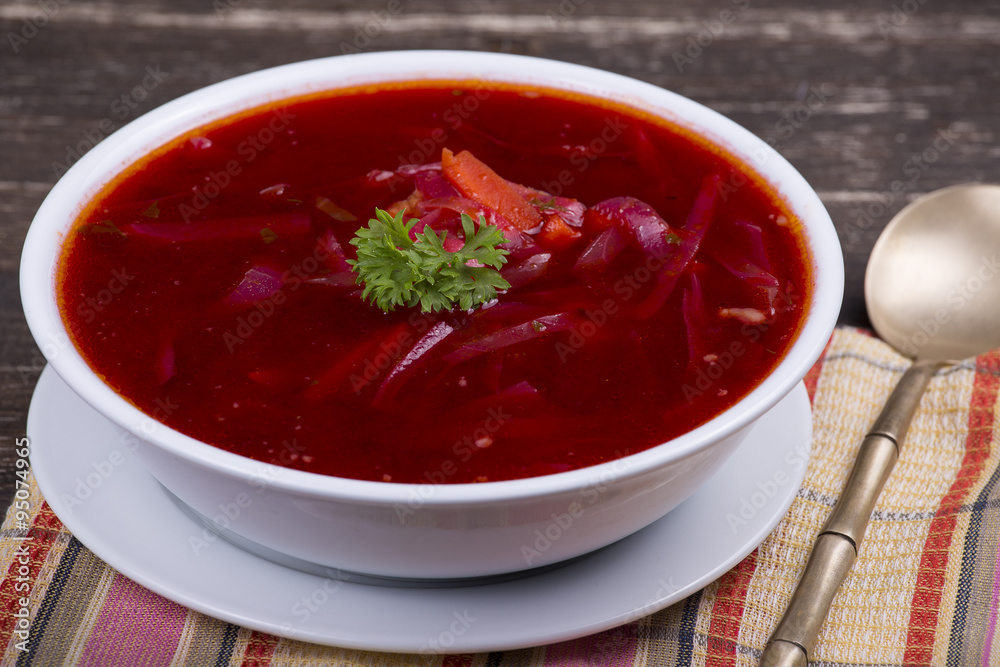 Red beet soup, borscht on the table Red beet soup, borscht on the table