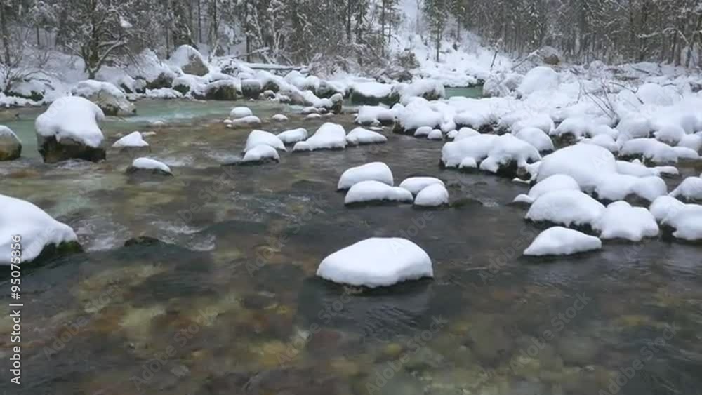 AERIAL: Low flight over emerald river in winter AERIAL: Low flight over emerald river in winter