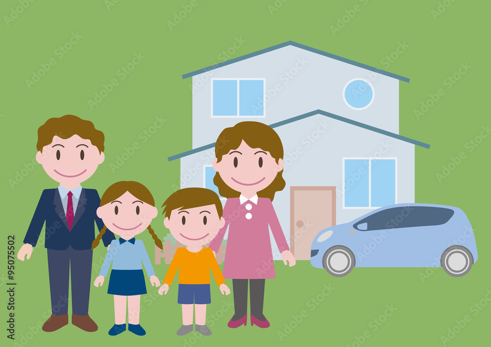 family illustration with house and car, vector family illustration with house and car, vector