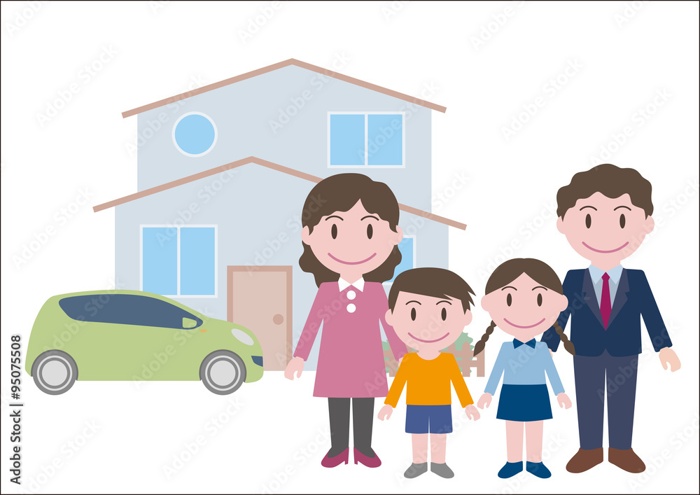 family illustration with house and car, vector family illustration with house and car, vector