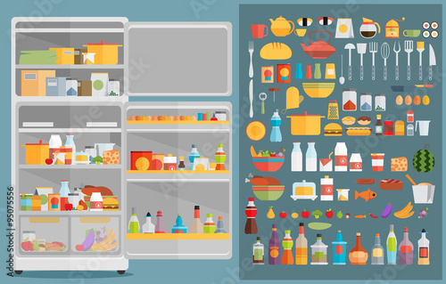 Fototapeta Naklejka Na Ścianę i Meble -  Illustration of Refrigerator with food,drinks and kitchenware