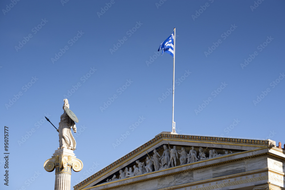 Statue of Athena and the Greek flag