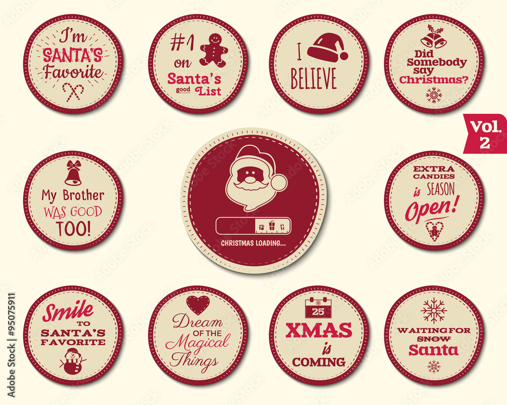 Obraz premium Christmas Badge and Design Elements with funny signs, quotes for kids. New Year labels, Holiday santa elements collection 2 isolated on white background. Vector