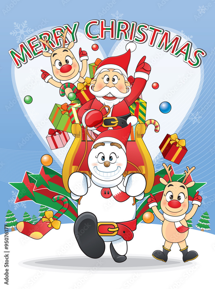 Naklejka premium merry Christmas Santa, Snowman, Reindeer Cartoon. 