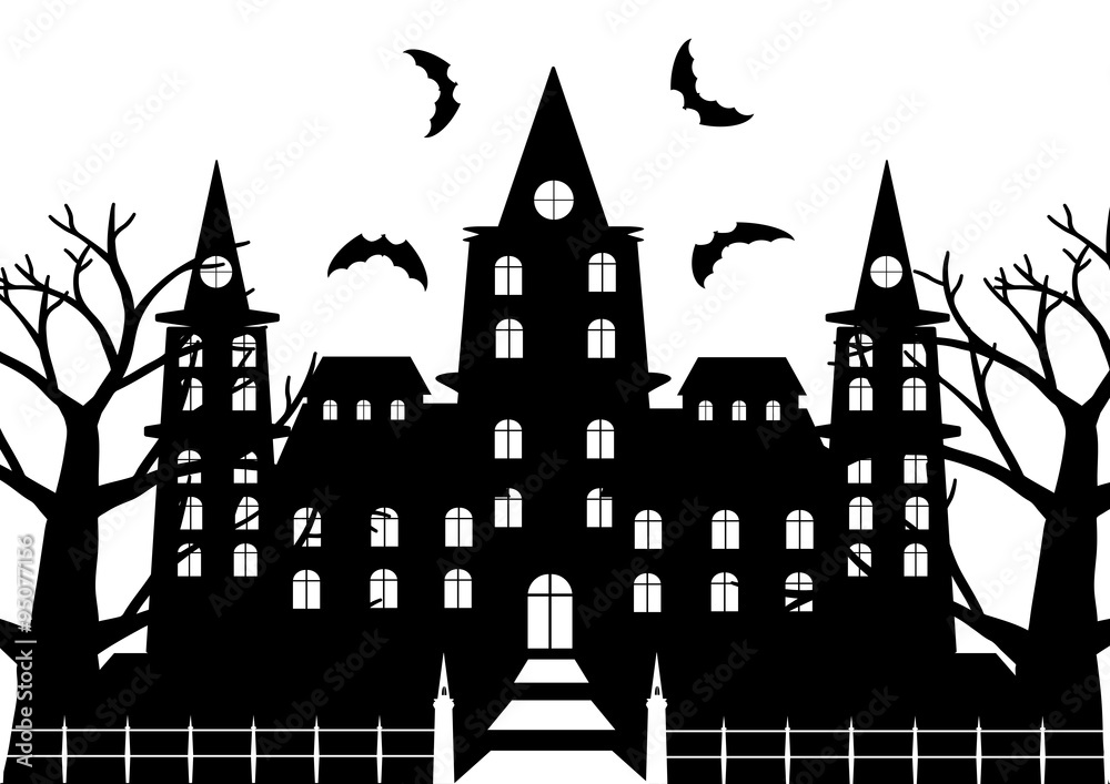 Black and white of horror castel with dead tree and bats flaying