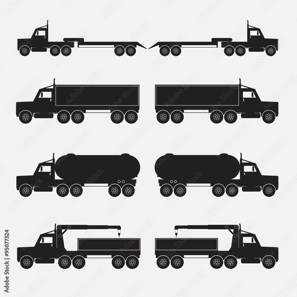 Set of truck trailer black icons. Vector illustration.