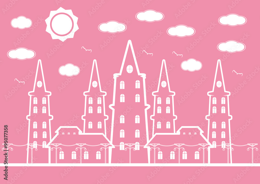 Pink castle in city with birds and sun cound for background. Vec