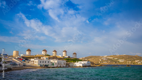 The Windmills of Mykonos with blue sky and clouds, Greece