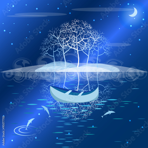 Night landscape lake in the moonlight
