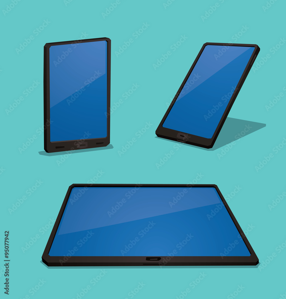 Vector Smartphone and Tablet. Image of three black smartphone and tablet with a blue screen on a blue background. Vector Smartphone and Tablet. Image of three black smartphone and tablet with a blue screen on a blue background.