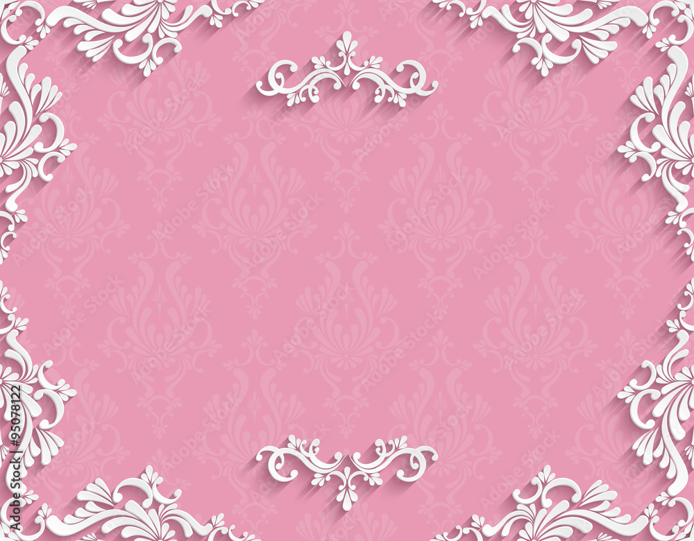 Vector Pink 3d Vintage Invitation Card with Floral Damask Pattern