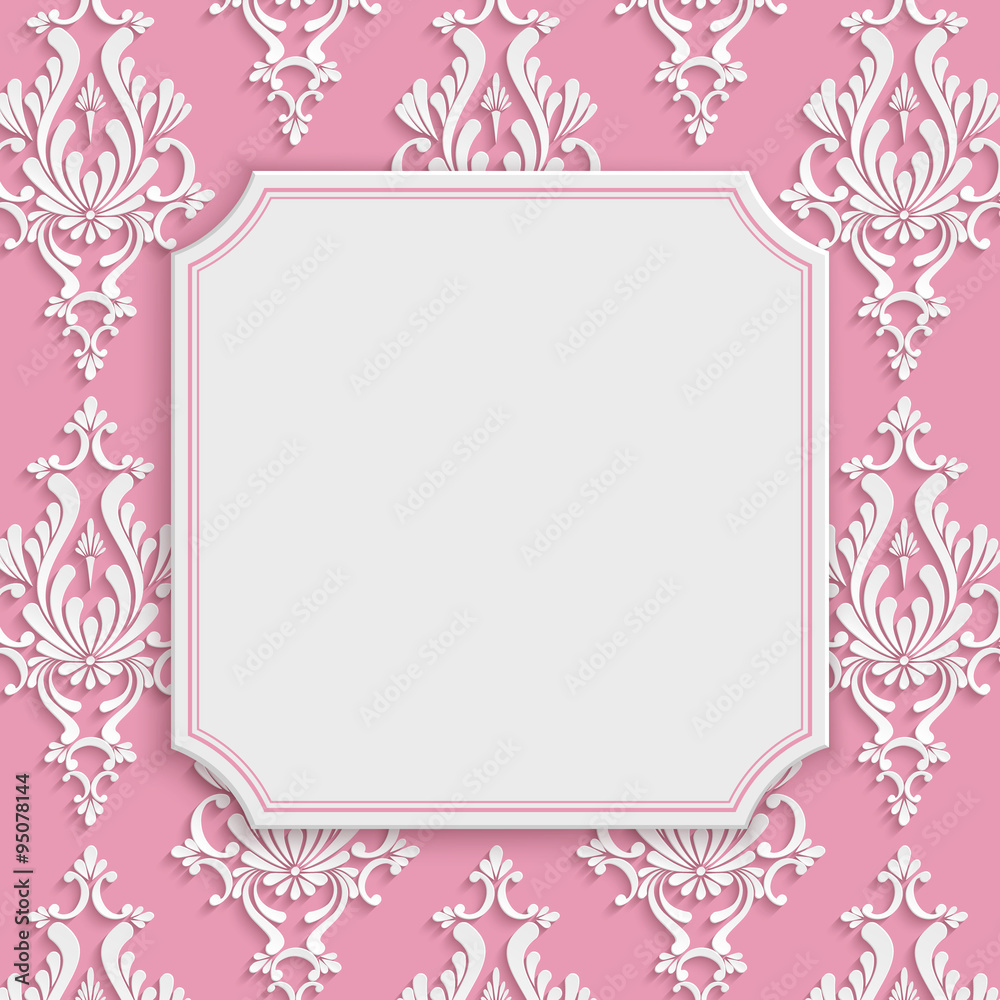 Vector Pink Vintage Invitation Card with 3d Floral Damask Pattern