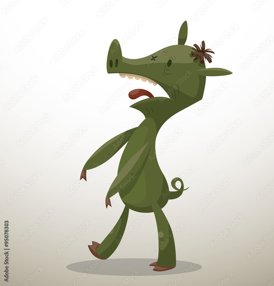 Fototapeta premium Vector Halloween Pig Zombie. Cartoon image of green pig in the image of Zombie on a light background. In the theme of Halloween.