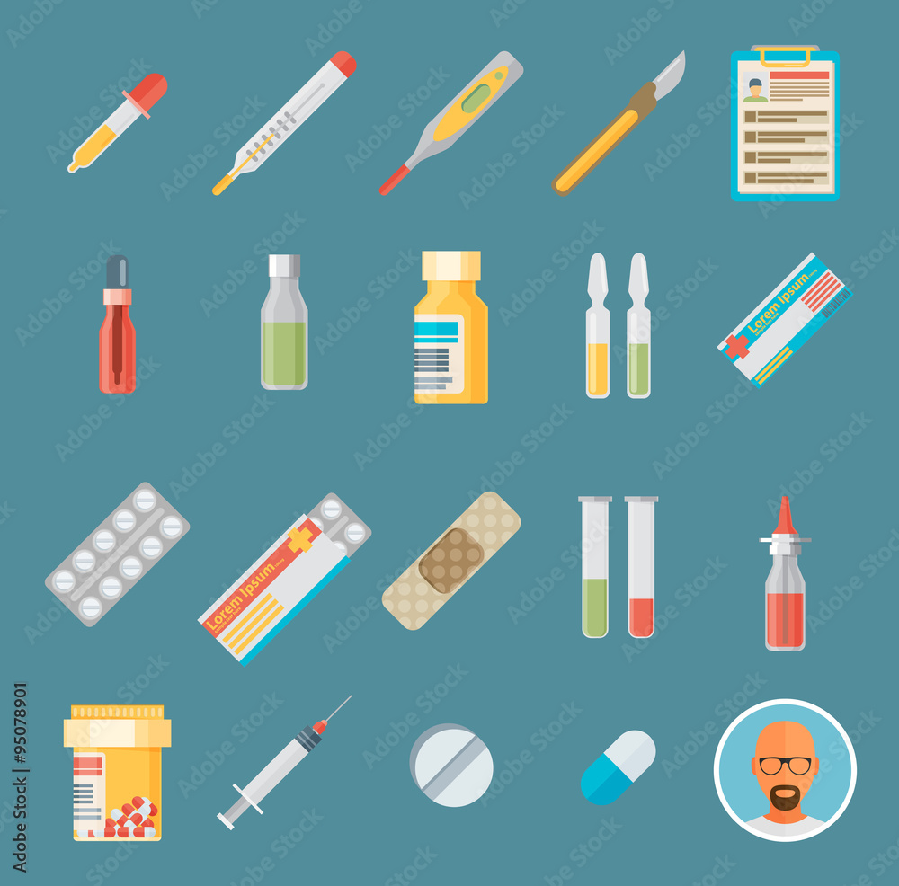 Flat icons set of medical tools and health care equipment Flat icons set of medical tools and health care equipment