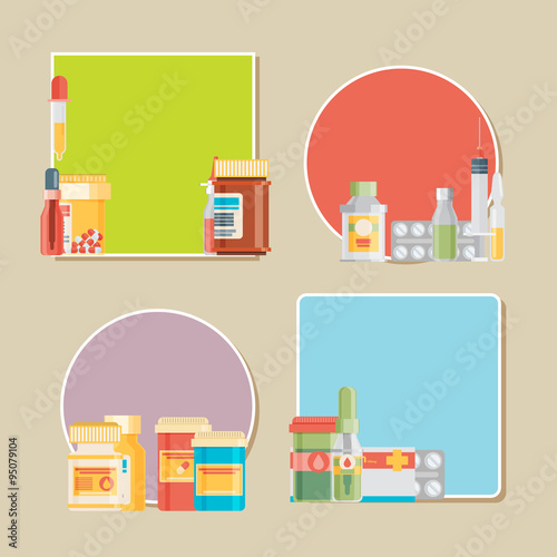 Pill bottle with various pills and capsules. Vector labels.