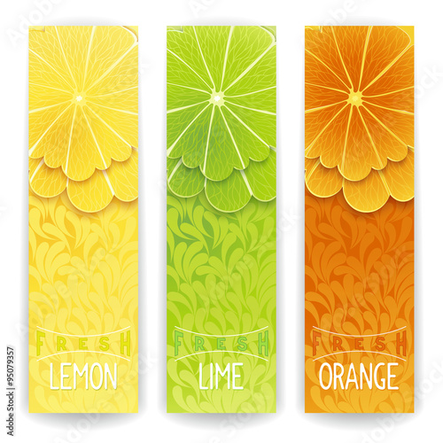 Three bright banner with stylized citrus fruit and textured background. Lemon, lime and orange fresh juice