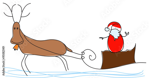 Cute Santa Claus is flying with a reindeer.
