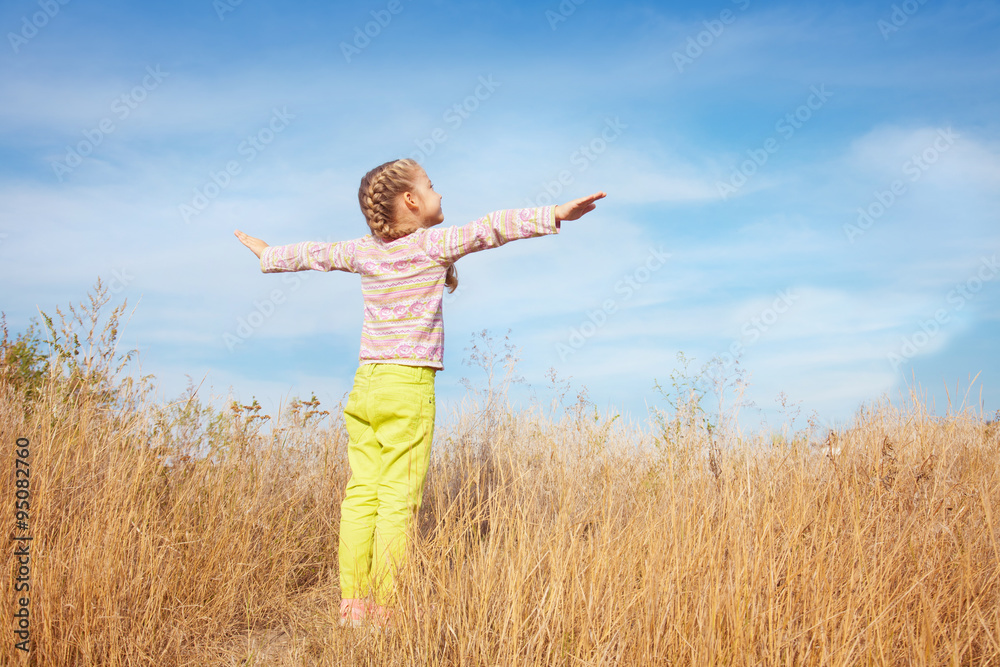 Little girl in bright clothes standing against the sky in a field Little girl in bright clothes standing against the sky in a field