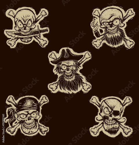 Vector Black Pirate skulls, set. Cartoon image of five different pirate skulls on a dark  background. Monochrome illustration. Looks like a engraving. photo