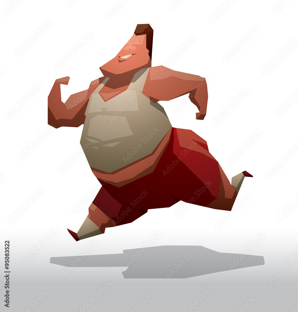 Vector Fat Man Running. Cartoon image of a fat man with brown hair in a
