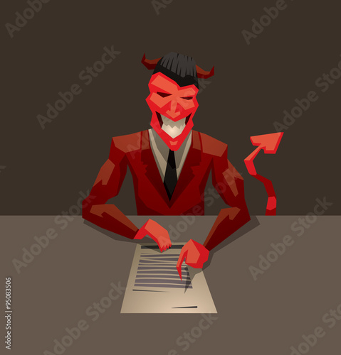 Vector Devil's contract. Cartoon image of a red devil with horns in a brown suit, white shirt and black tie, sitting at the gray  table with a contract for it on a dark gray background.