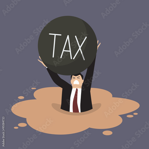 Businessman with heavy tax sinking in a quicksand