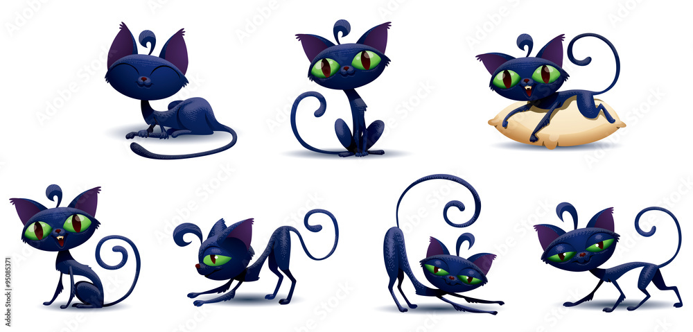 Vector Cute cats set. Cartoon image of seven cute bright blue cats in different poses on a light background.