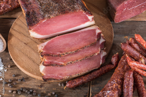 Smoked sausages and meats photo
