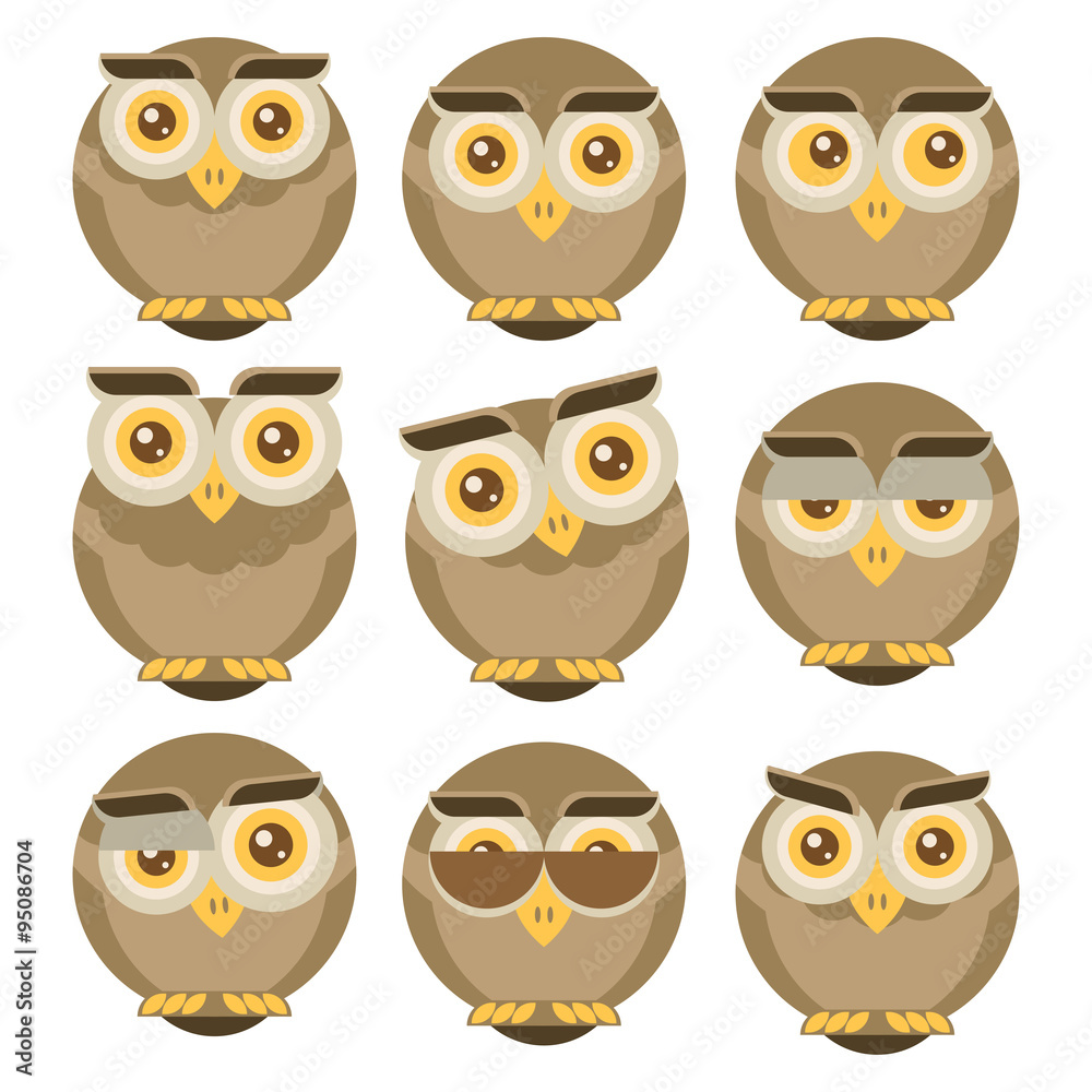 Fototapeta premium Set of owls isolated on white background. Flat icons. Vector 