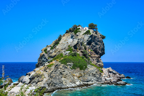 Photography Mamma Mia church on top of a cliff, Skopelos, Greece