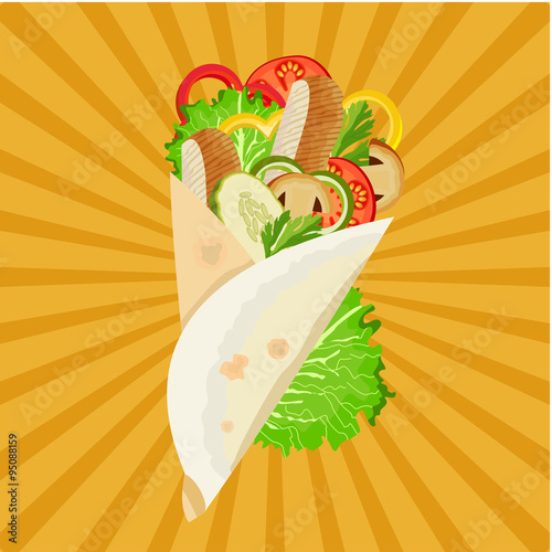 Shawarma with chicken and vegetables. Vector illustration for re