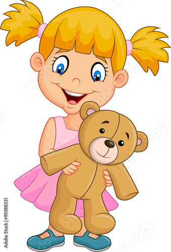 Cartoon little girl playing with teddy bear