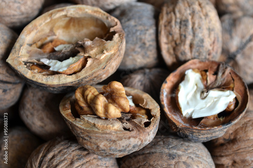core walnut in the form of heart on the background of walnuts in shell 