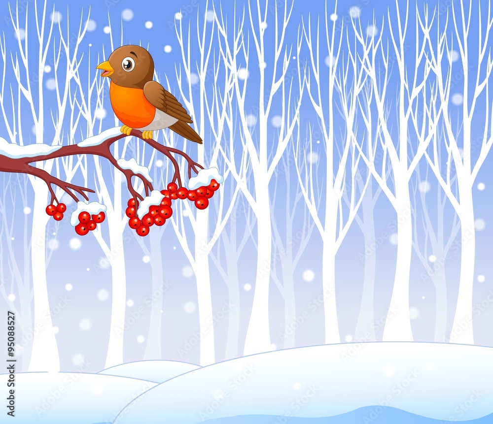 Cartoon funny robin bird on the berry tree with winter background Stock  Vector | Adobe Stock