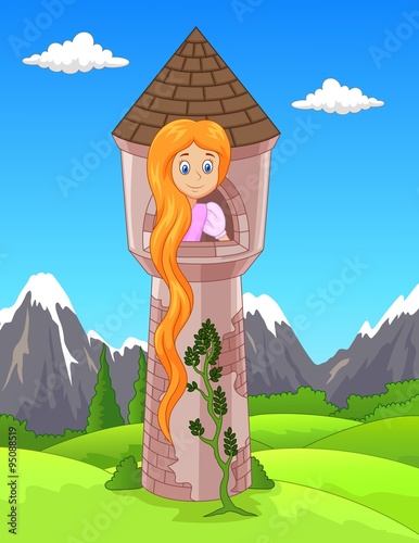 Princess with long hair waiting on the isolated tower