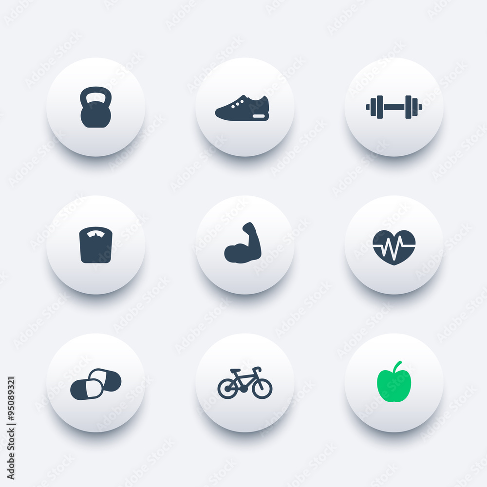 Fitness round modern icons, vector illustration