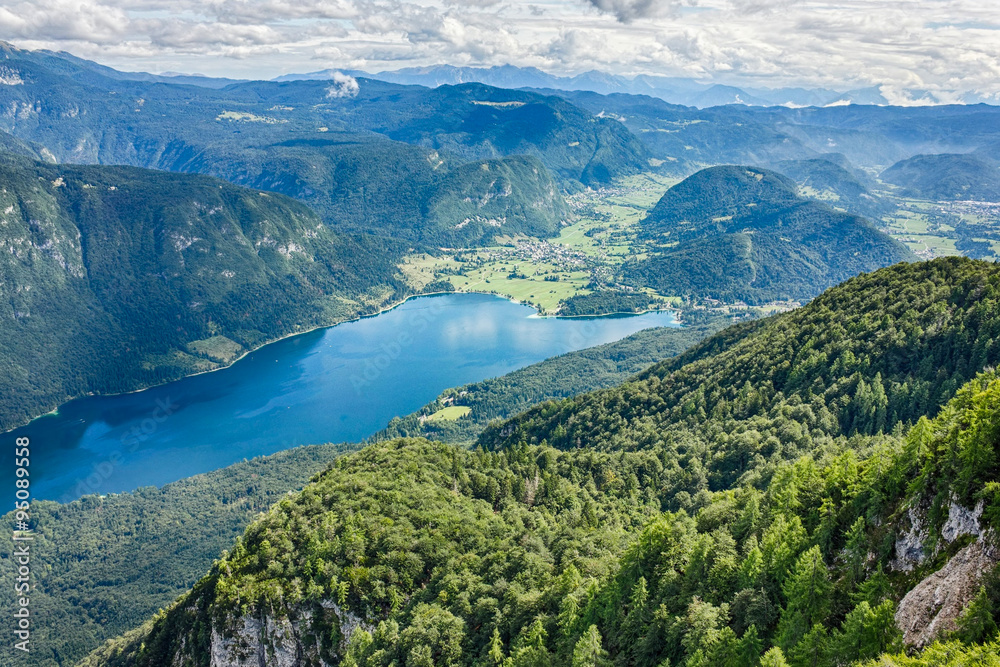 Beautiful Lake Bohinj surrounded by mountains of Triglav national park. view from Vogel cable car top station, Slovenia