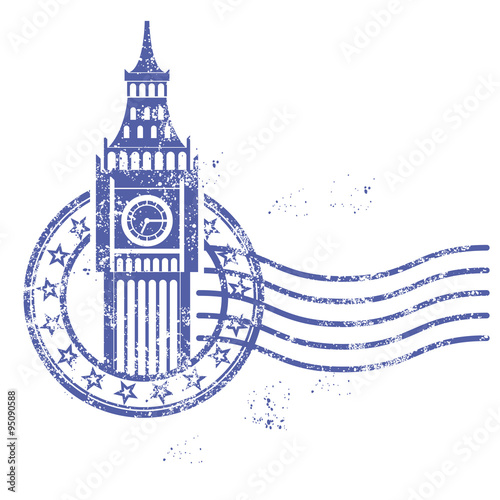 Grunge round stamp with Big Ben - landmark of London