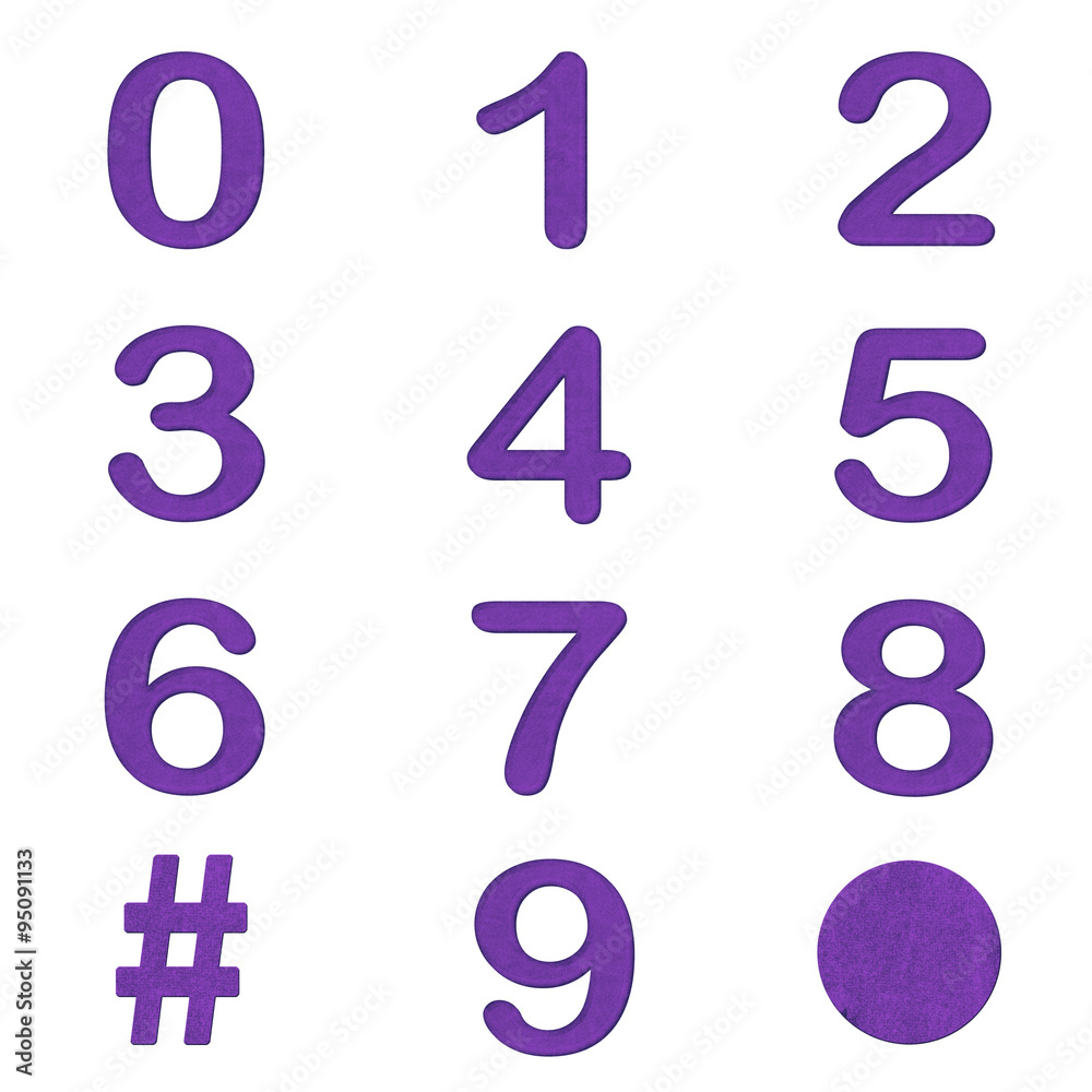 Set of Purple color number in Paper craft texture isolated on w Set of Purple color number in Paper craft texture isolated on w