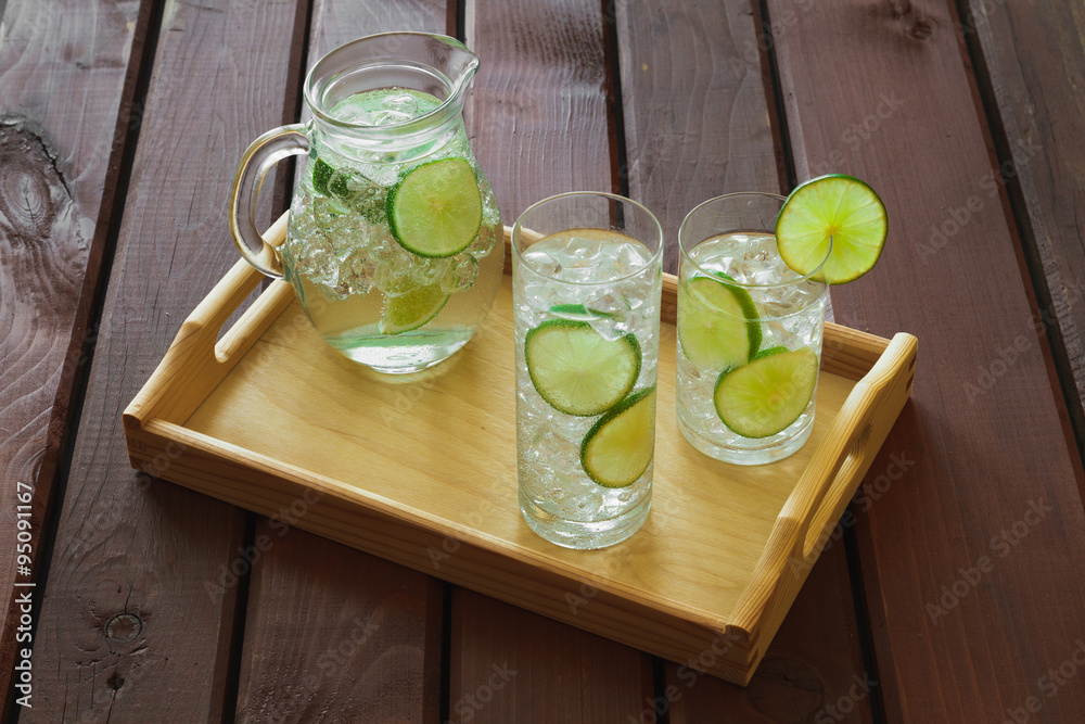 Two drinks and jug on wooden tray with ice and condensation on g