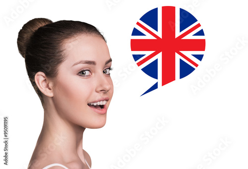 Foto Beautiful woman speak. Bubble country flag