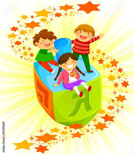 happy kids riding a big dreidel on Hanukkah