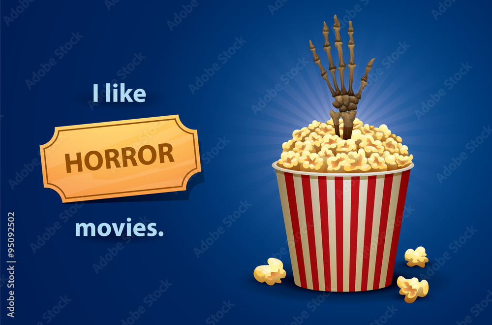 Naklejka premium Vector Horror movies. Cartoon image of a red and white bucket of popcorn with light brown skeleton hand to gets out of it, symbolizing a horror movies, on a bright blue background.