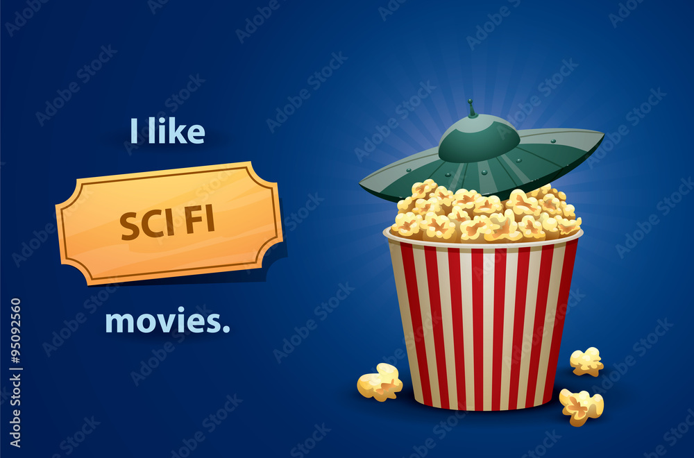 Vector Sci Fi movies. Cartoon image of a red and white popcorn bucket
